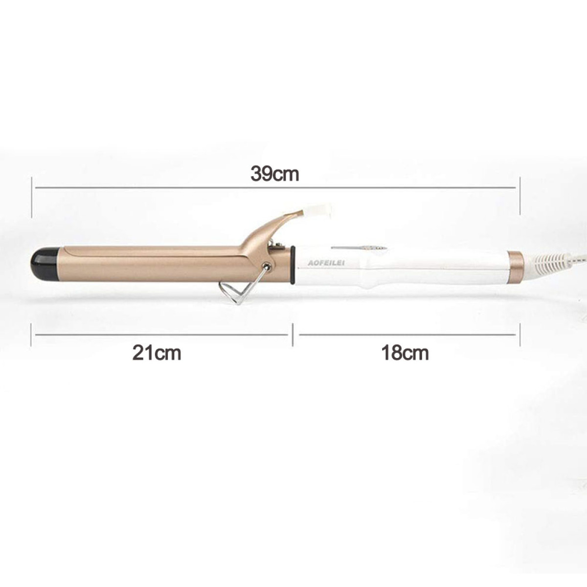 Haar-Lockenstab mit Maßen. Gold und Weiß. Gesamtlänge 39cm, in drei Teile geteilt.