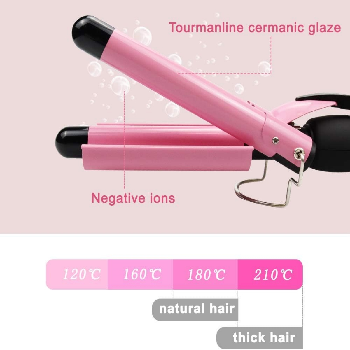 Pinker Lockenstab mit Temperatureinstellungen, bezeichnet als Turmalin-Keramikglasur.