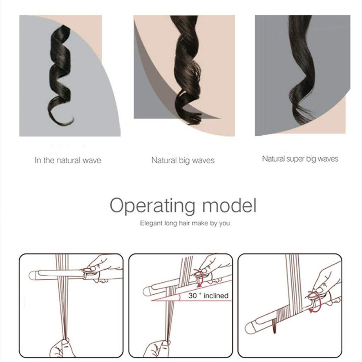 Diagramm zum Locken. Zeigt einen Lockenstab mit drei verschiedenen Locken-Stilen und Anweisungen zur Verwendung.