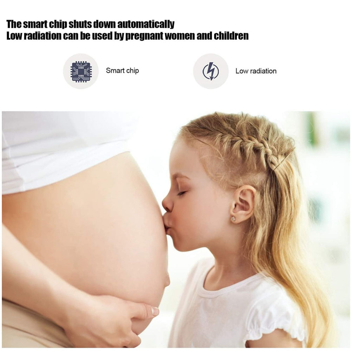 Ein Kind küsst den Bauch einer schwangeren Frau, mit Text über Smart Chip und geringe Strahlung.