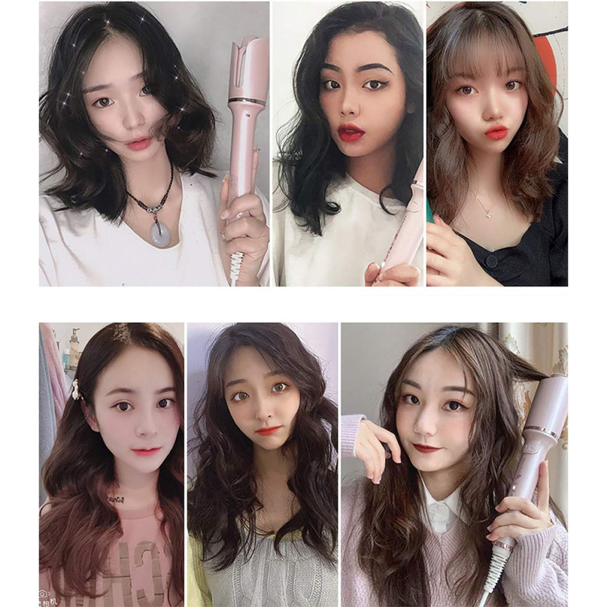 Sechs Frauen mit verschiedenen Frisuren, die mit einem Lockenstab erstellt wurden.