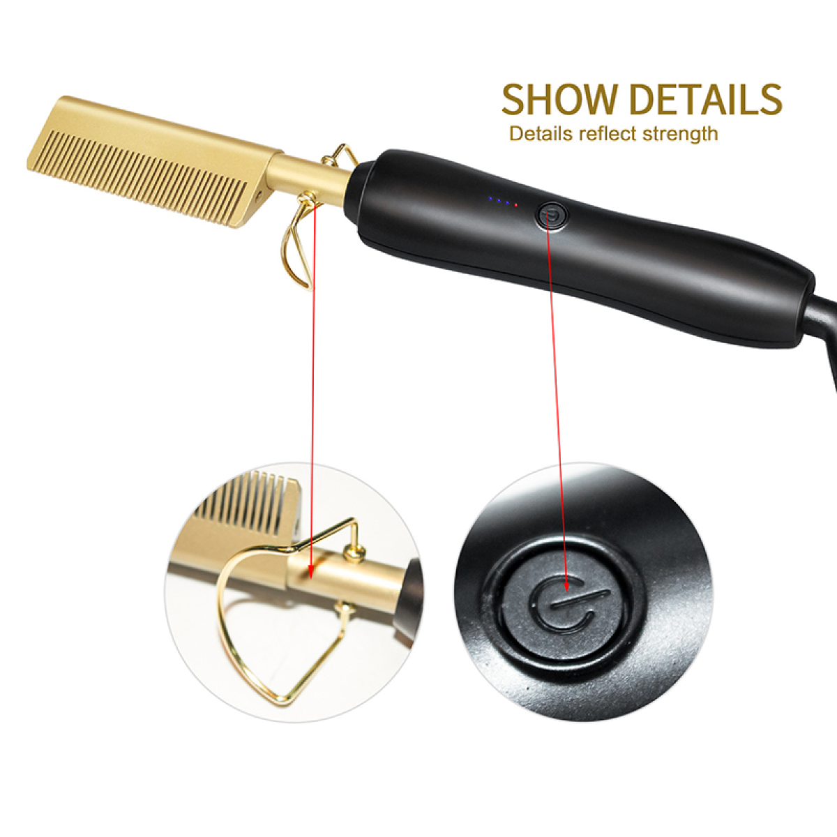 Goldener Haarglätter mit schwarzem Griff. Nahaufnahmen zeigen Kamm und Power-Taste.
