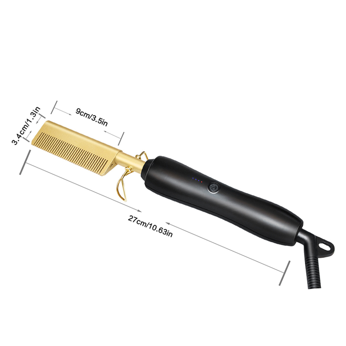 Ein schwarzer und goldener Haarglätterkamm mit den Maßen 27 cm/10,63 Zoll und 9 cm/3,5 Zoll.