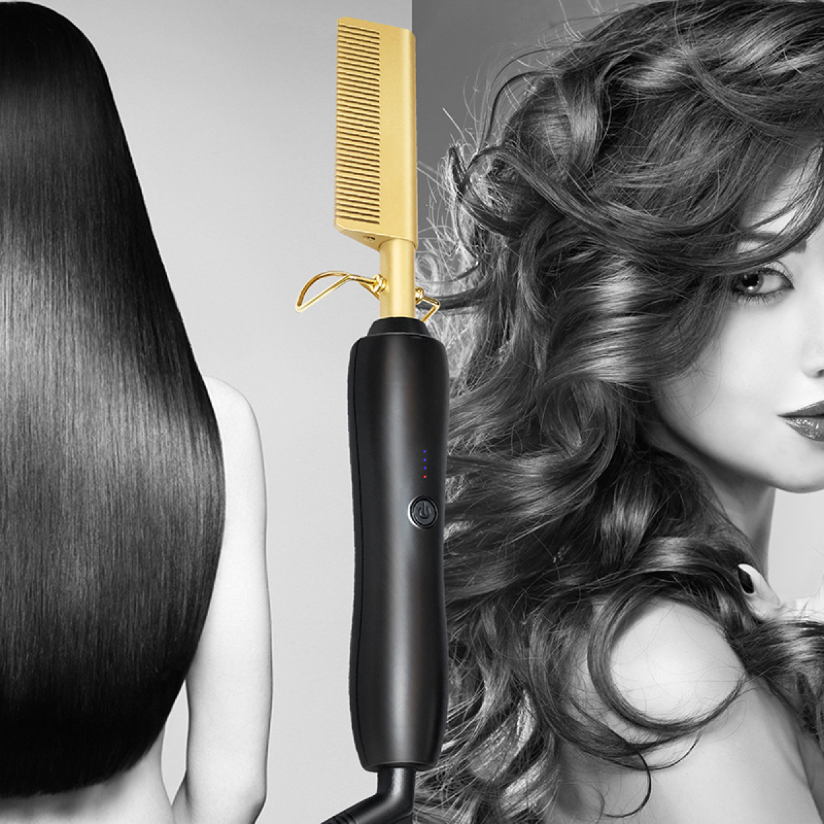 Ein schwarzes und goldenes Haarglätteisen mit Haaren einer Frau im Hintergrund.