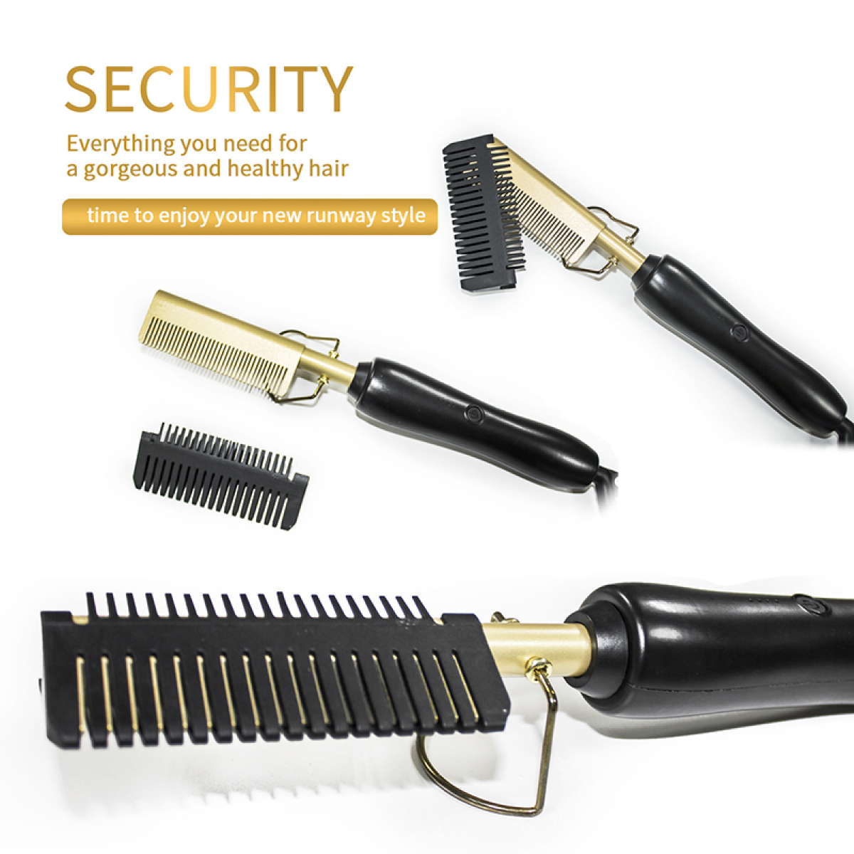 Mehrere Bilder von Haarstyling-Tools: ein Kamm und ein Glätteisen, alles auf weißem Hintergrund.