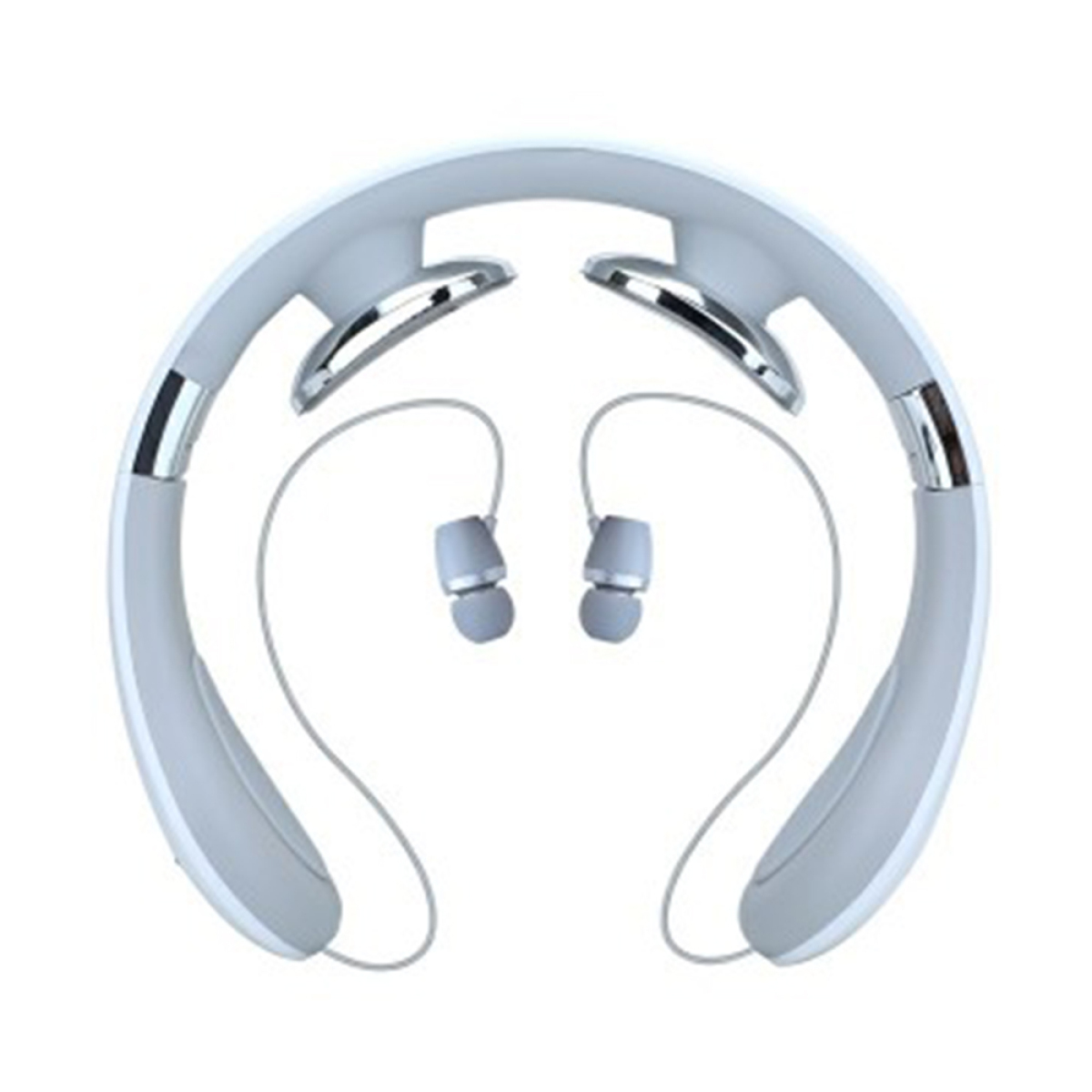 Ein weißes Nackenband mit Ohrhörern, entworfen zum Tragen um den Hals, mit schlankem, modernem Design.