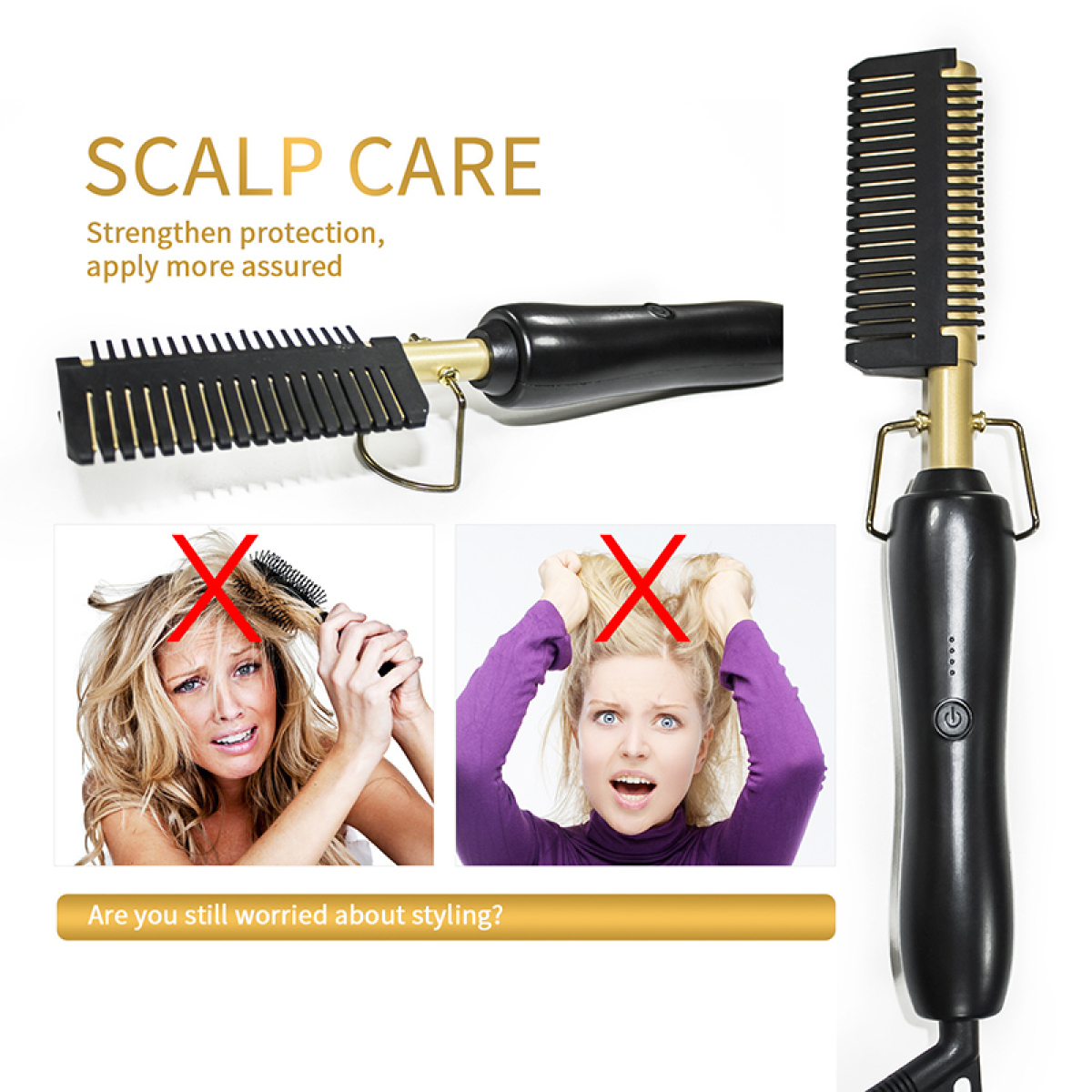 Ein Marketingbild mit einem Lockenstab und mehreren Frauen mit verschiedenen Frisuren. Text: Eine Dame mit Stil zu sein.