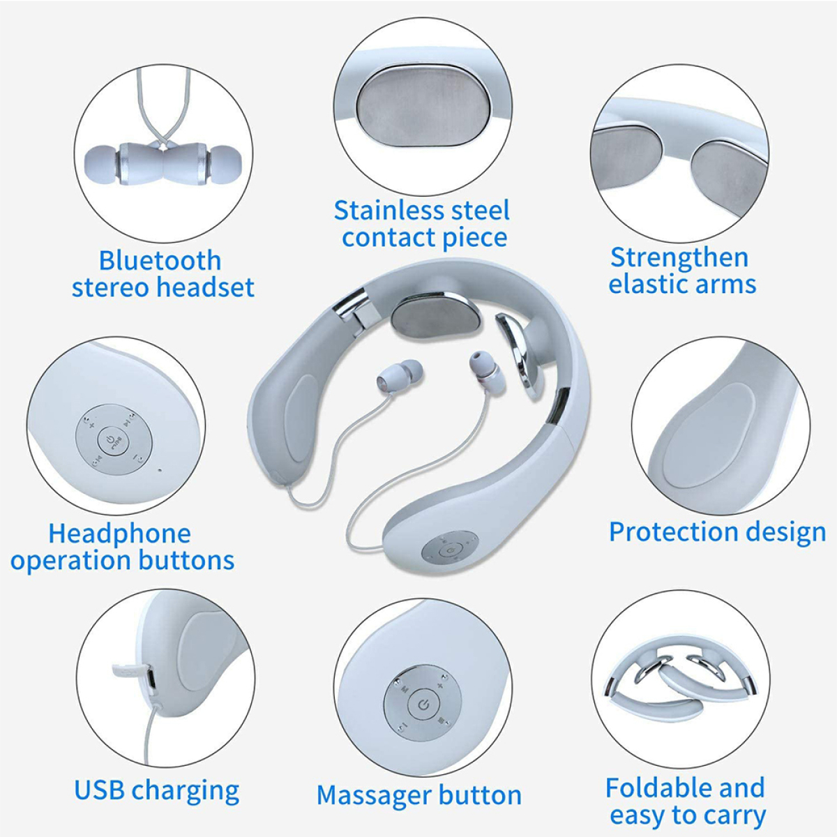Nackenmassagegerät mit Bluetooth-Headset und Bedienelementen. Merkmale: USB-Aufladung und faltbares Design.