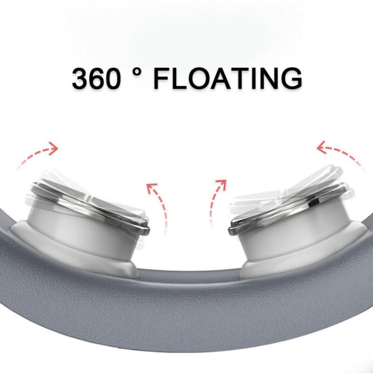 Nahaufnahme von zwei grauen, schwenkbaren Objekten mit dem Text '360° FLOATING'.