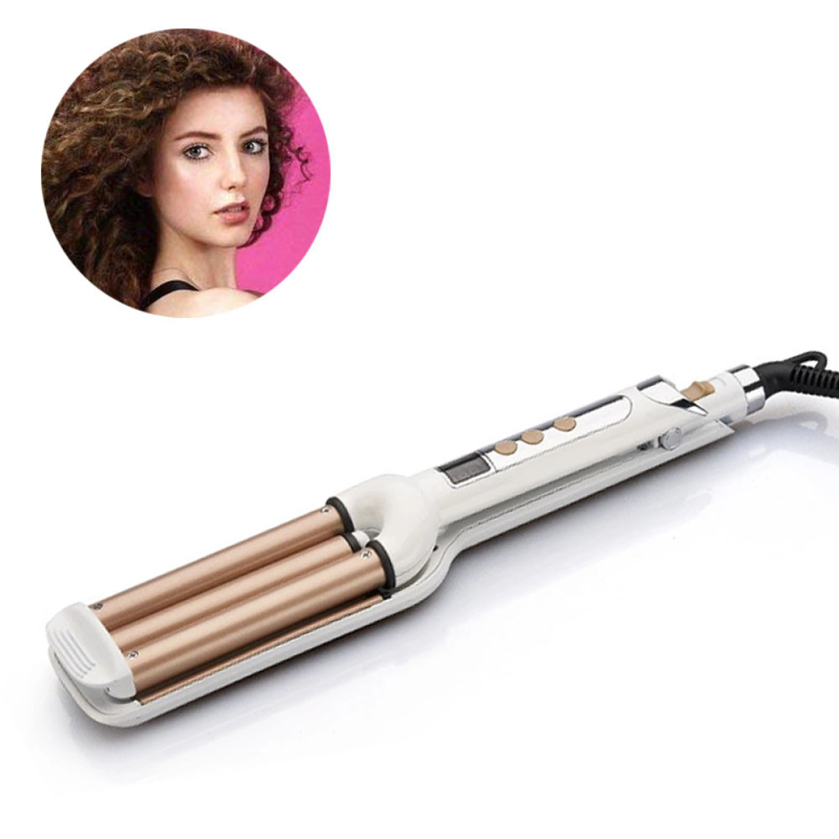Haar-Lockenstab mit drei Läufen. Eine Frau mit lockigem Haar befindet sich in einem Kreis über dem Eisen.