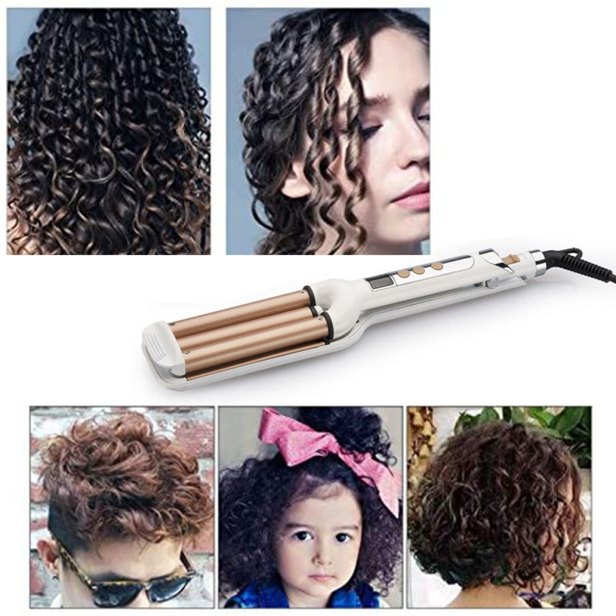 Haarglätter mit verschiedenen Frisuren und Frauen mit unterschiedlichen Stilen.
