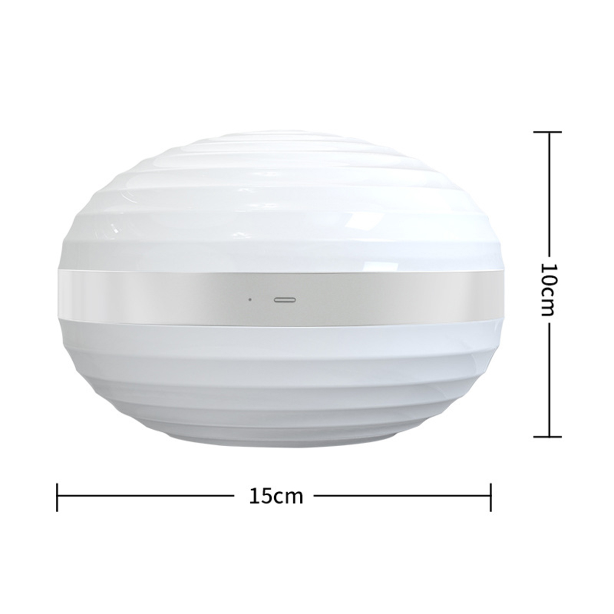 Ein weißes, kugelförmiges Gerät mit silbernem Band, 15 cm breit und 10 cm hoch.