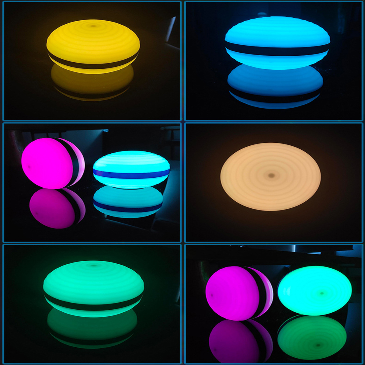 Sechs leuchtende Kugeln in verschiedenen Farben: Gelb, Blau, Rosa, blau gestreift, Weiß, Grün und Lila.