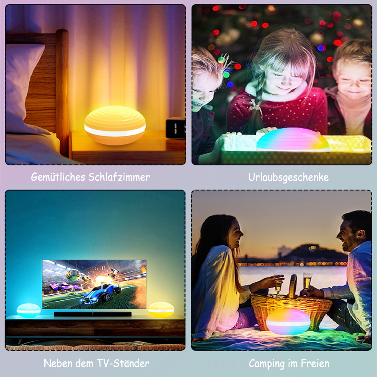 Vier Szenen: Lampe am Bett, Kinder mit Licht, TV mit Lichtern, Paar mit Picknick. Lichter sind bunt.