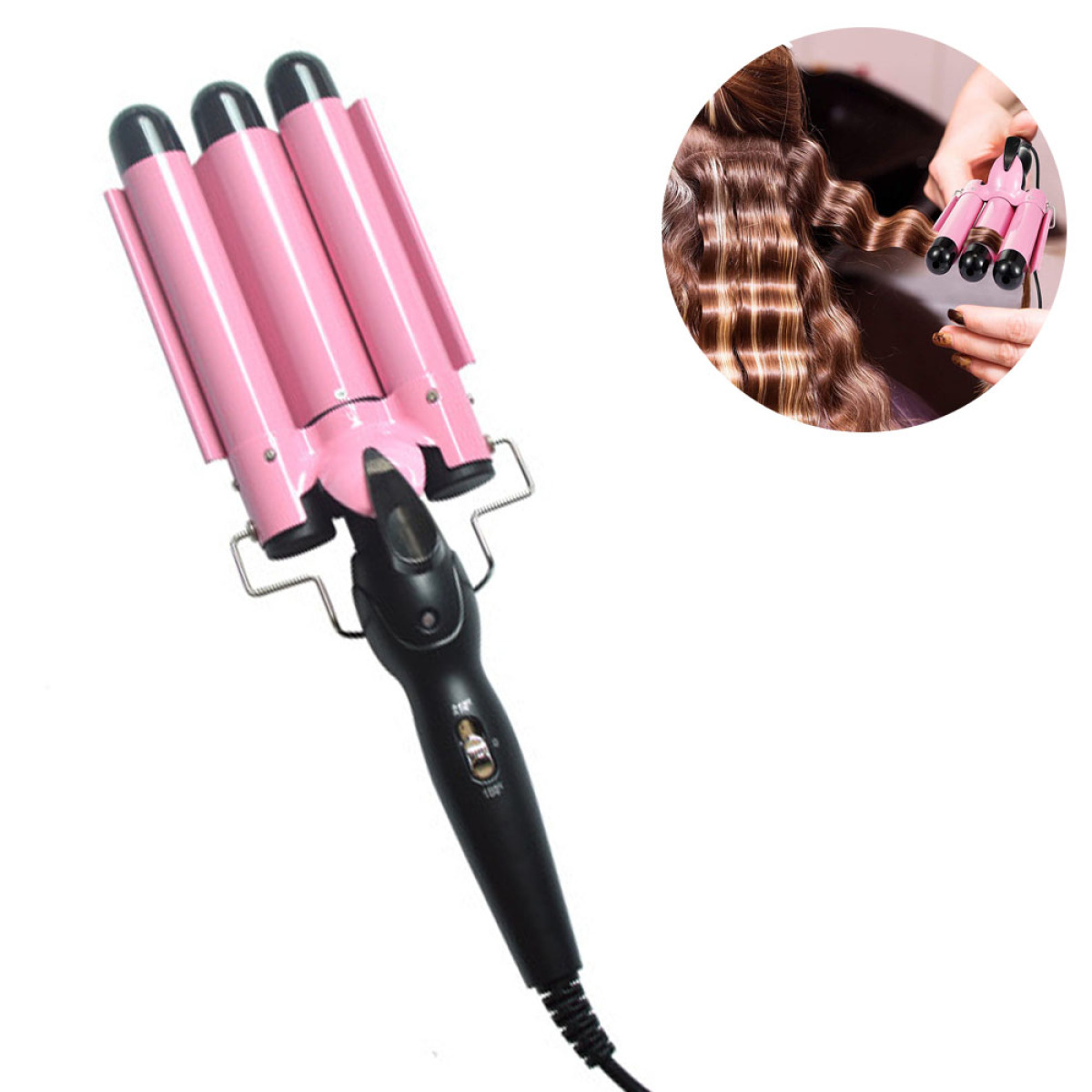 Rosa Haar-Crimper mit gewellter Haarprobe.