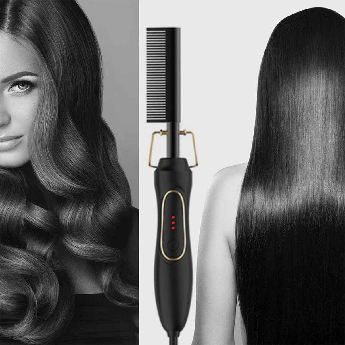 Eine Frau mit welligem Haar neben einem Haarglätter, mit geglättetem Haar gezeigt.
