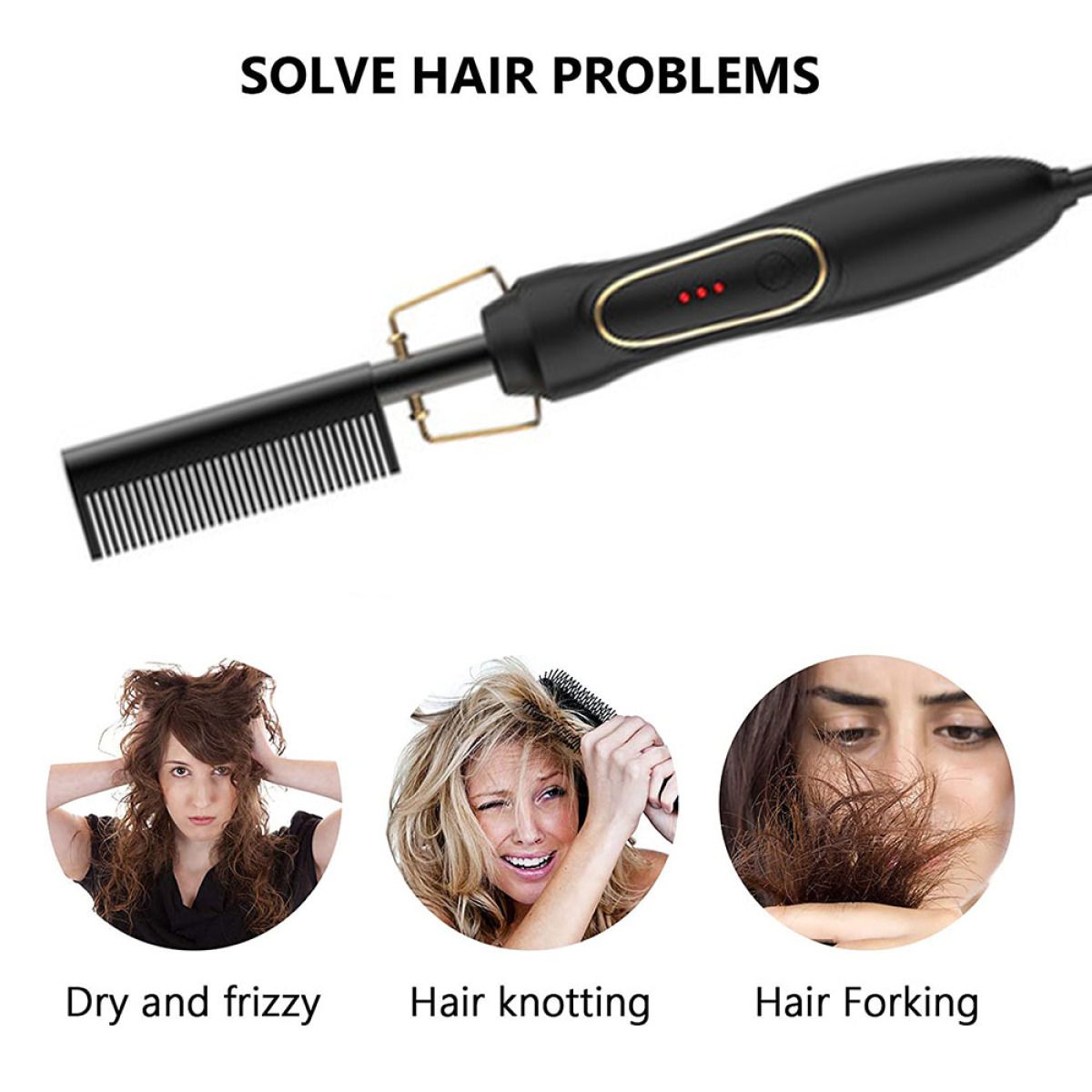 Haarstyling-Tool mit Bildern von trockenem und krausem Haar, Haarknoten und Haarspliss.
