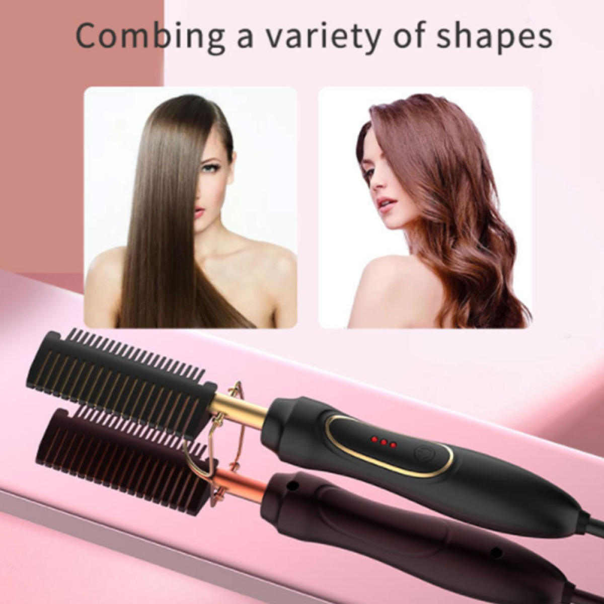 Zwei Frauen mit glattem und welligem Haar. Zwei Haarglättungskämme liegen auf einer rosa Oberfläche. Text: Eine Vielzahl von Formen kämmen.