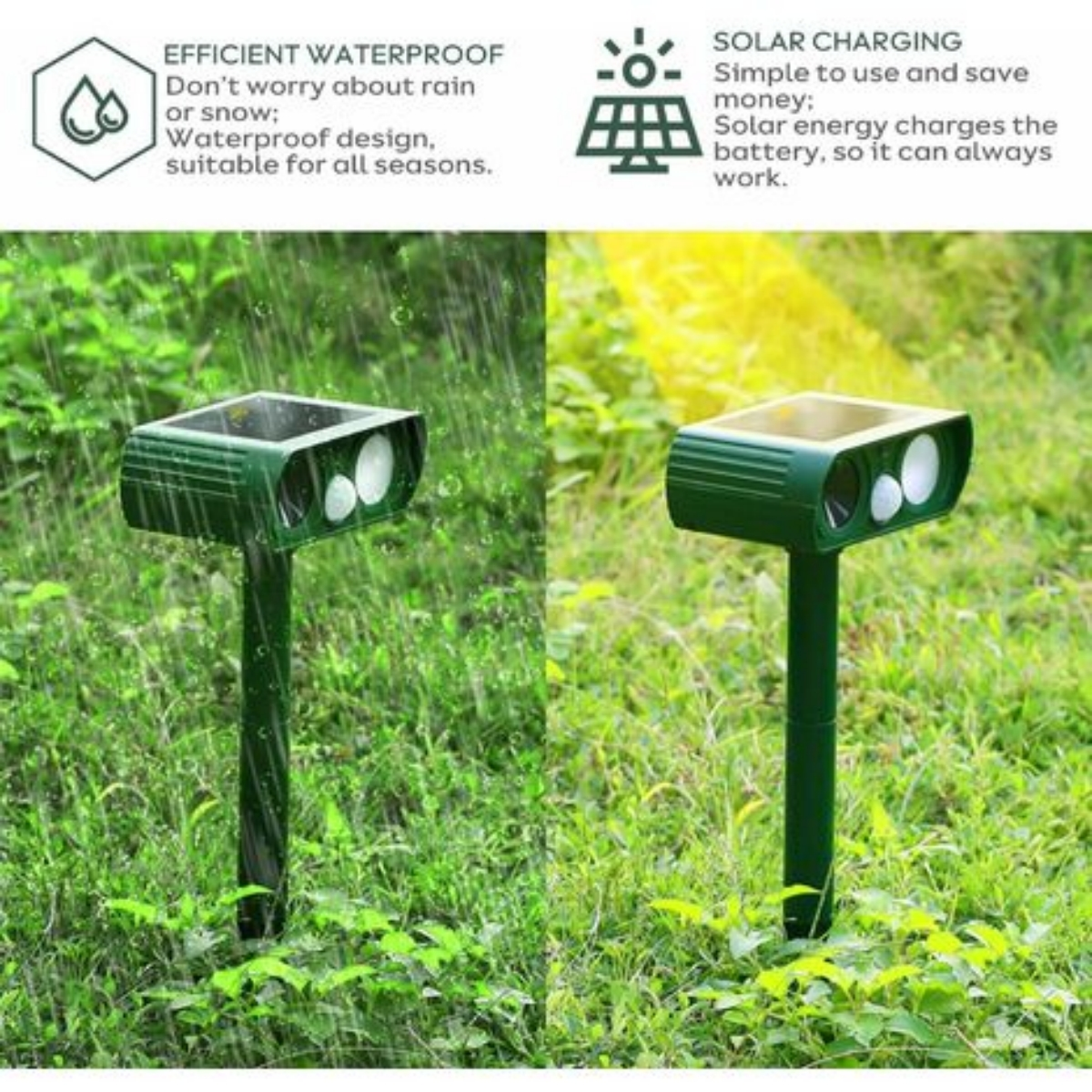 Zwei grüne, solarbetriebene Tiervertreiber in einem grasbewachsenen Bereich, einer im Regen, der andere im Sonnenlicht.