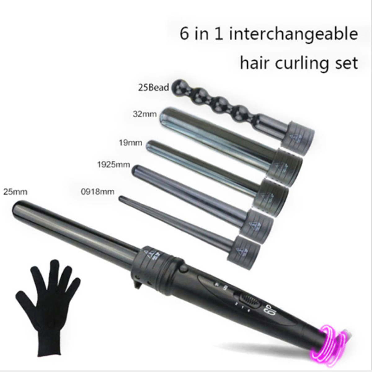 Haar-Lockenwickler-Set mit mehreren Aufsätzen und einem schwarzen Griff mit Handschuh.