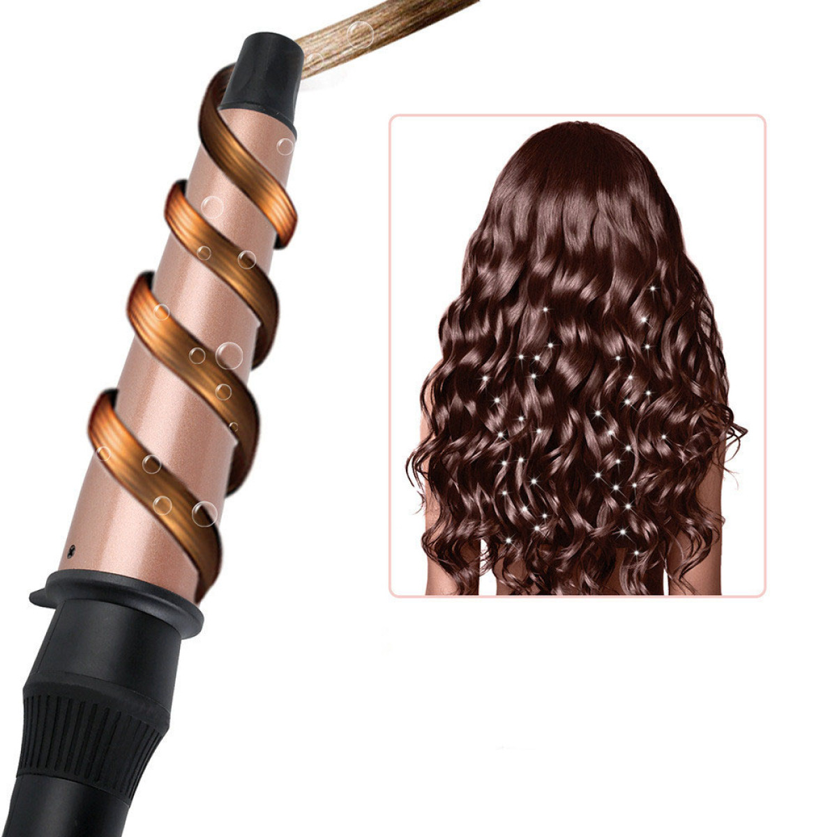 Haarstyler und gestyltes Haar. Der Styler ist gold und schwarz, das Haar braun mit Locken.