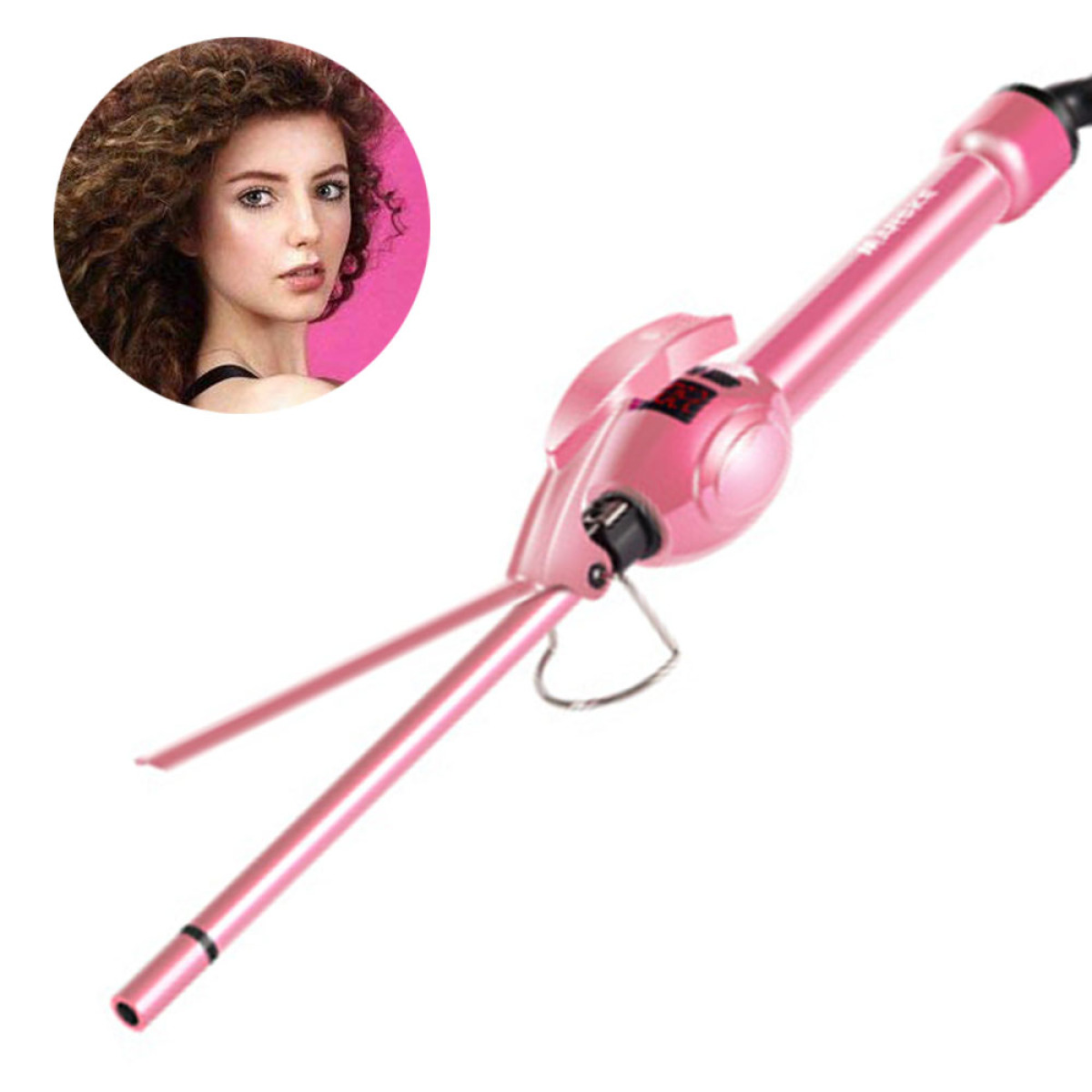 Pinker Lockenstab mit Modelbild. Das Eisen befindet sich auf einer weißen Oberfläche.