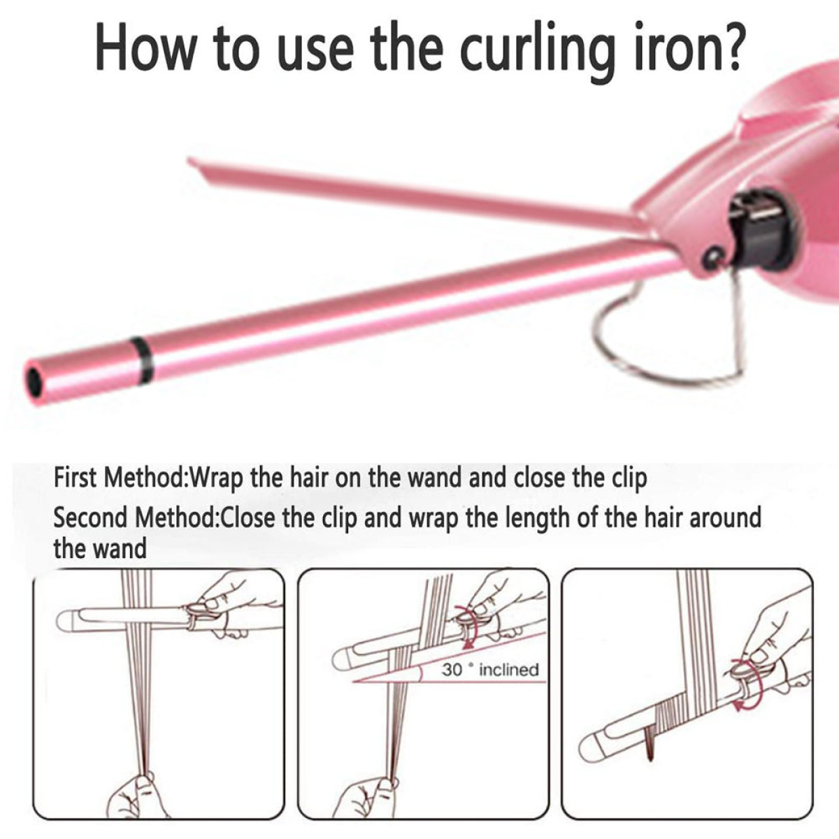 Anweisungen zur Verwendung eines rosa Lockenstabs mit Diagrammen der Schritte.