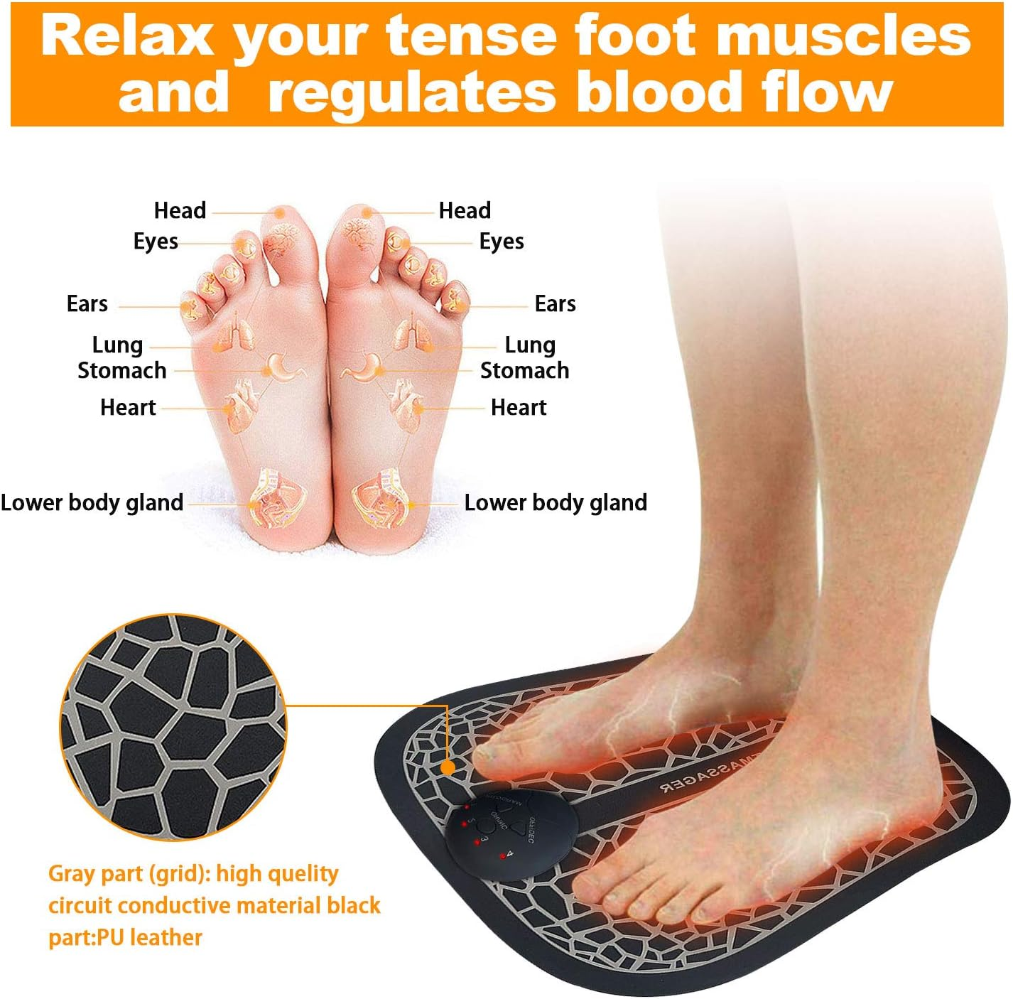 Fußreflexzonenmassage-Diagramm mit Fuß auf schwarzem Pad und Beinen einer Person.