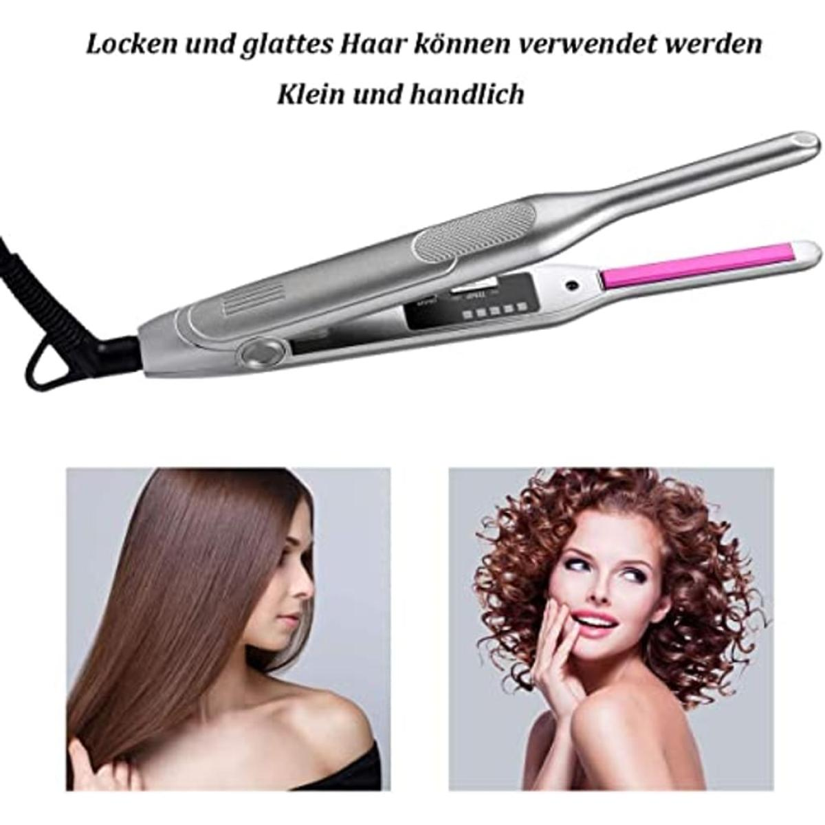 Ein silberner Haarglätter mit einer rosa Platte und zwei Bildern mit glattem und lockigem Haar.