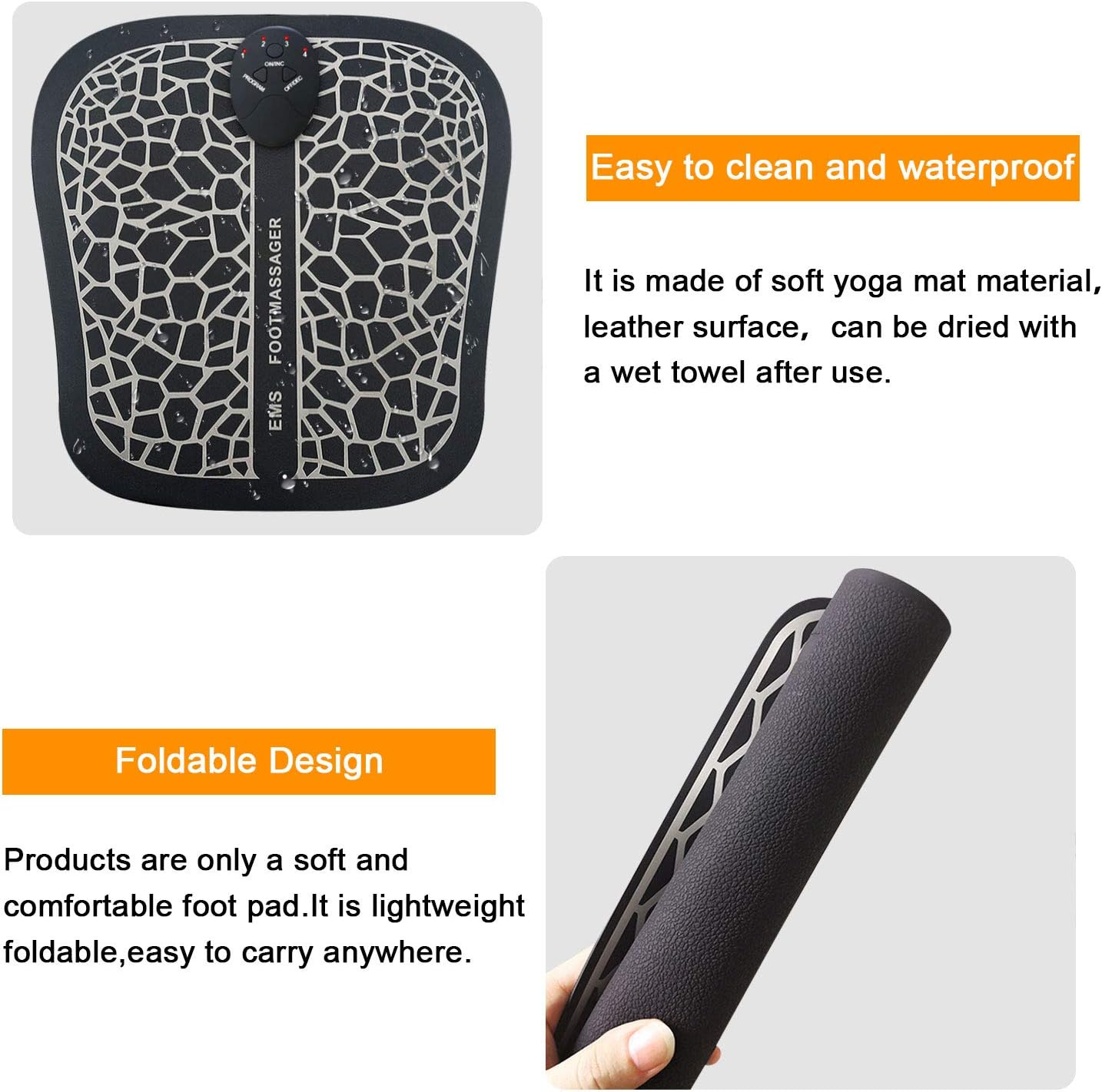 Schwarzes Fußmassagegerät. Aus weicher Yogamatte, hat ein Bedienfeld und ist wasserdicht.