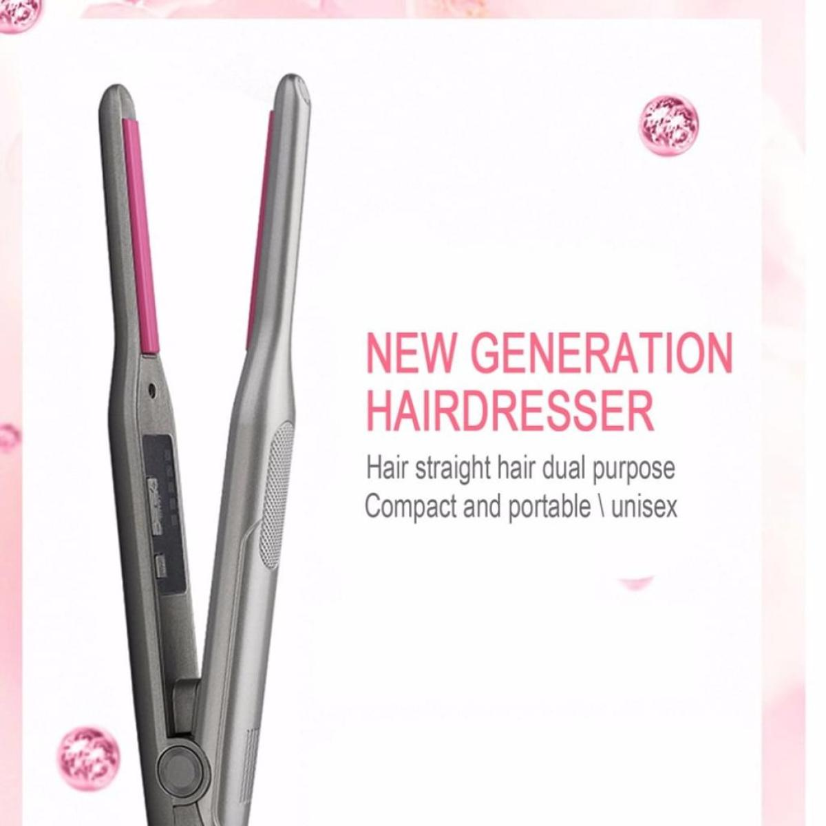 Das Bild zeigt einen silbernen und rosa Haarglätter mit dem Text: NEUE GENERATION FRISEUR.