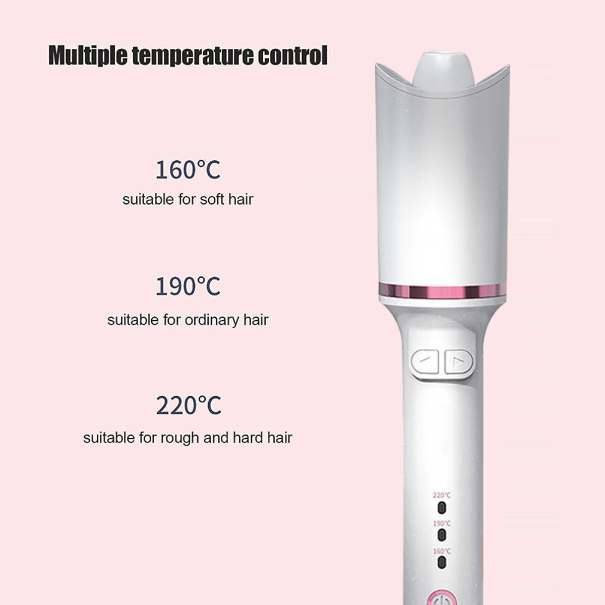 Haarstyler mit Temperatureinstellungen für verschiedene Haartypen. Weißes Gerät auf rosa Hintergrund.