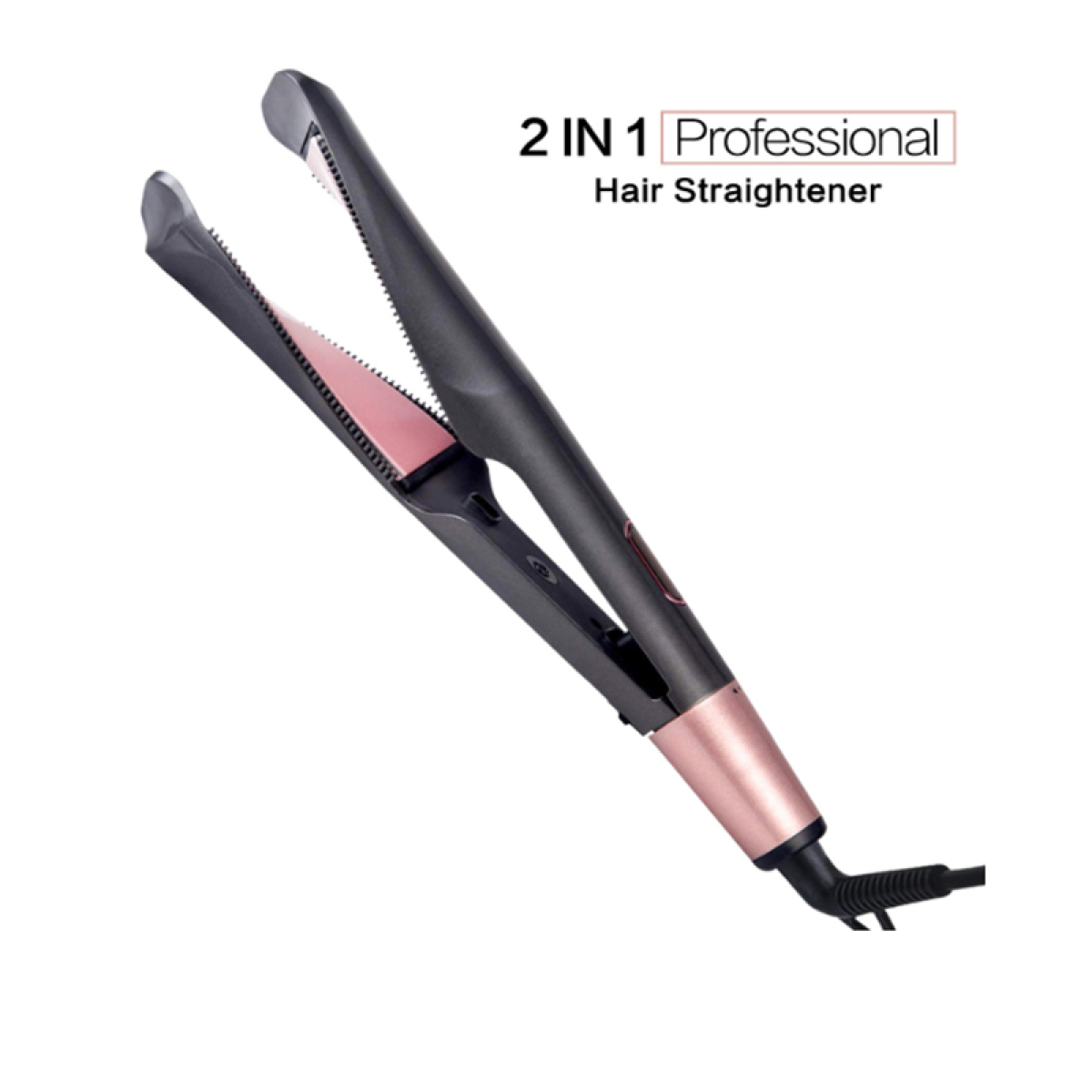 Schwarzes und roségoldenes Haarglätteisen auf weißem Hintergrund. Text: '2 in 1 Professional Hair Straightener'.