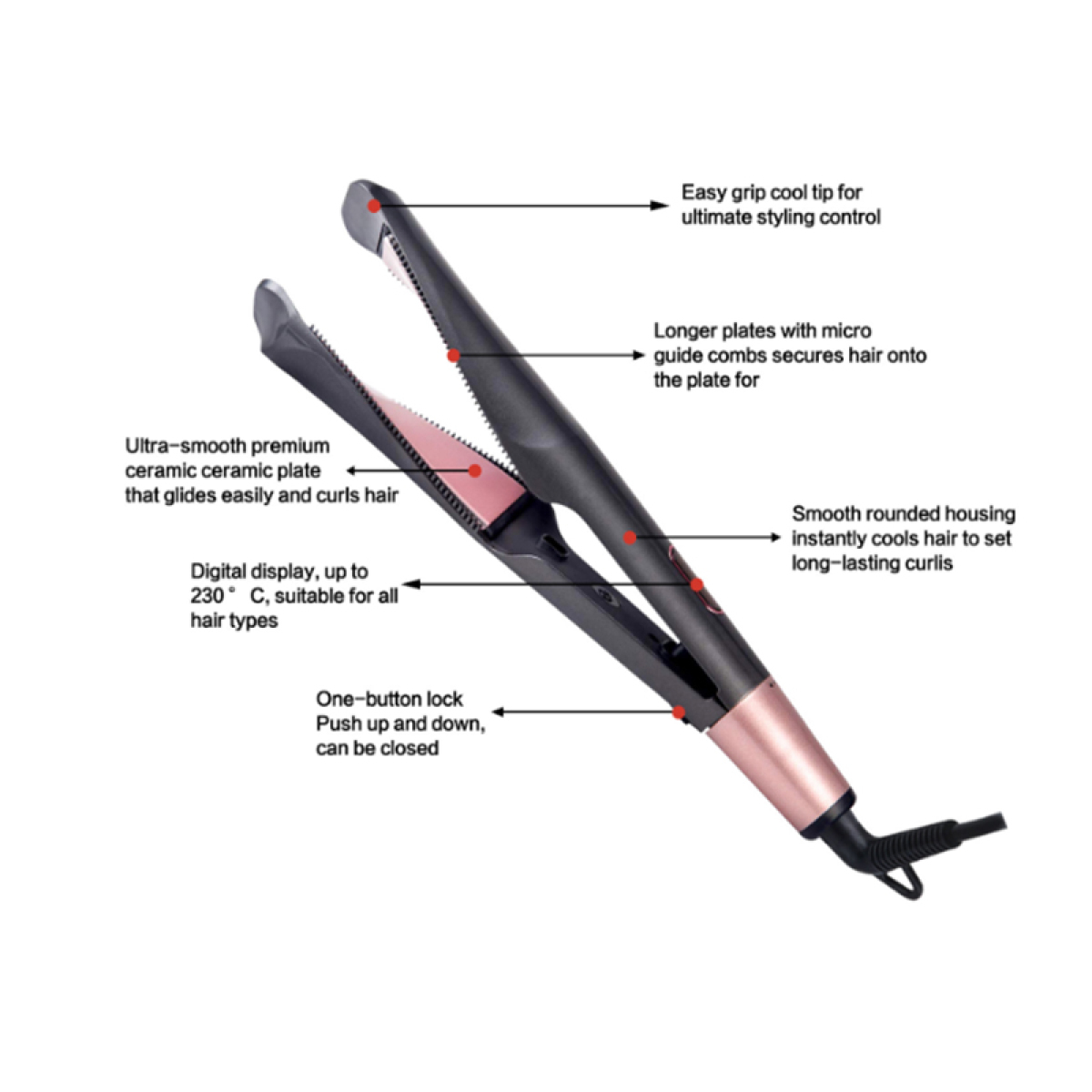 Haarglätter mit Digitalanzeige und beschrifteten Funktionen wie Keramikplatten und kühler Spitze.