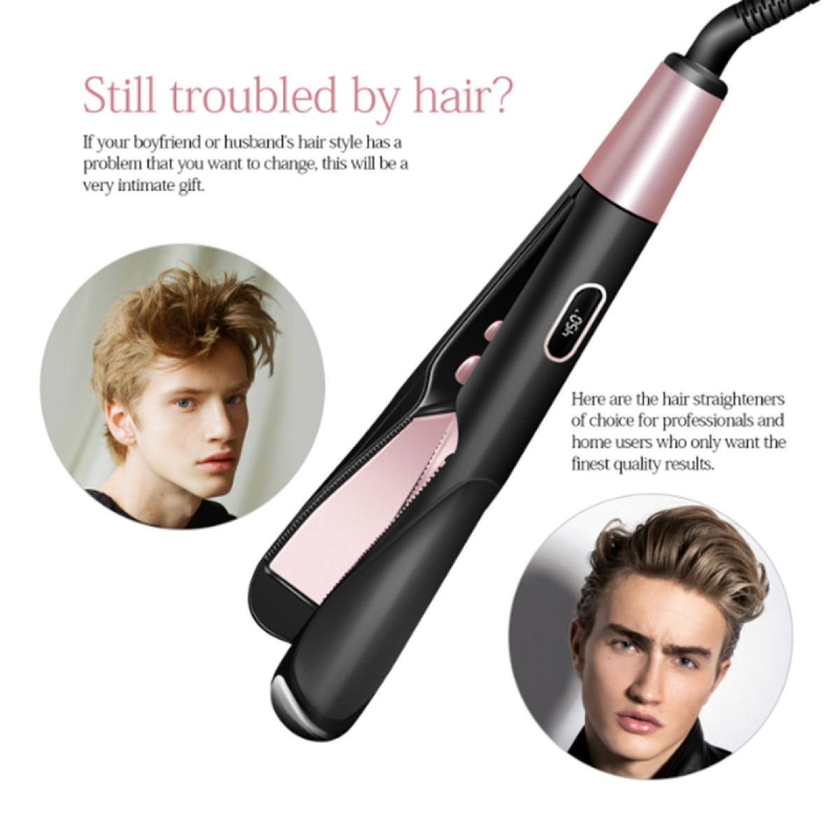 Eine Frau hält einen Haarglätter; auf beiden Seiten befinden sich Bilder von zwei Männern.