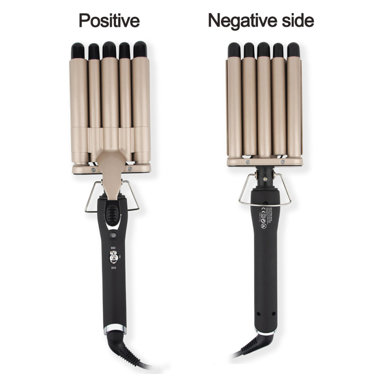 Zwei Haarkreppeisen, positive und negative Seite, beide in Gold und Schwarz.