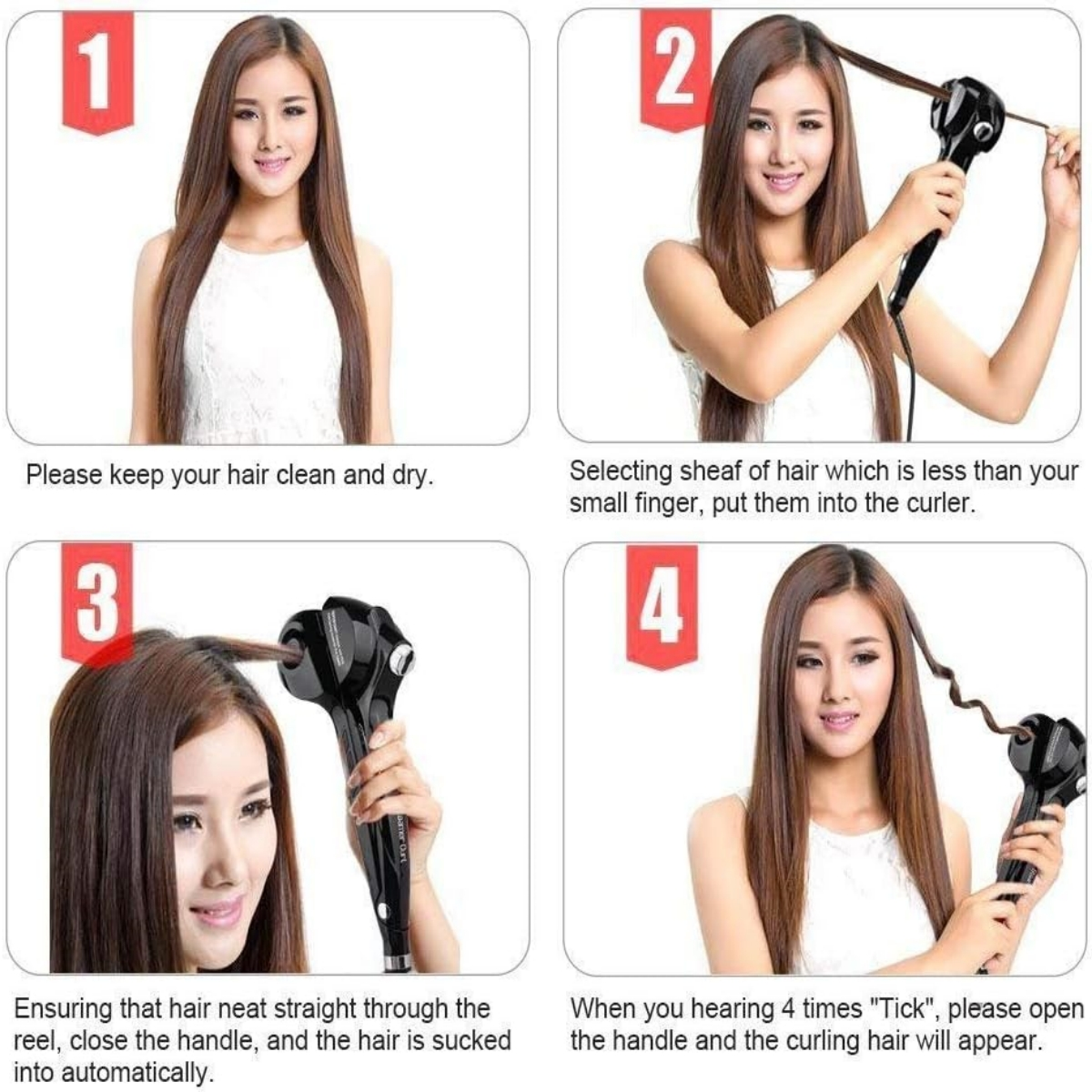 Vierteiliges Bild, das eine Frau zeigt, die sich mit einem Lockenstab die Haare lockt.