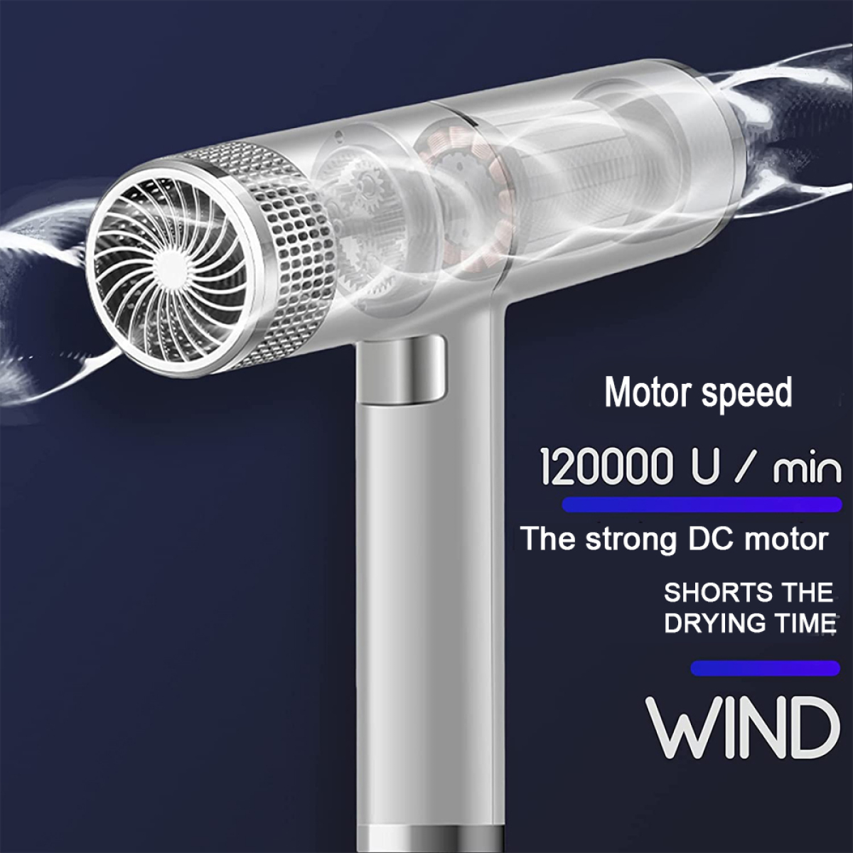 Ein silberfarbener Haartrockner zeigt Innenkomponenten. Text: Motorgeschwindigkeit 120000 U/min, starker DC-Motor.