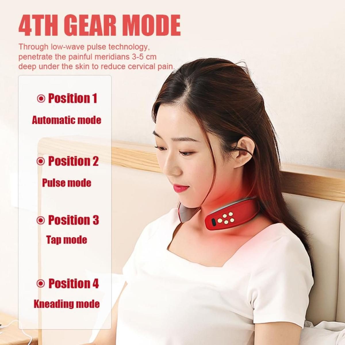 Frau mit Nackenmassagegerät, vier Optionen. Text: 4TH GEAR MODE. Rotes Gerät am Hals.
