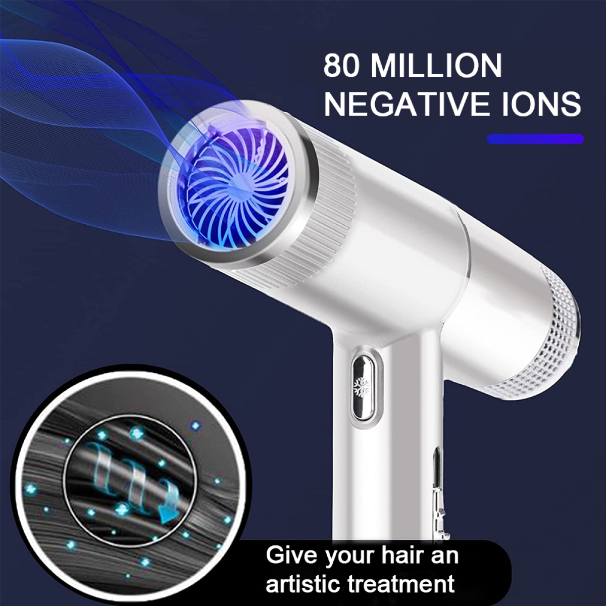 Ein weißer Haartrockner mit blauem Licht und Text über negative Ionen und künstlerische Haarbehandlung.