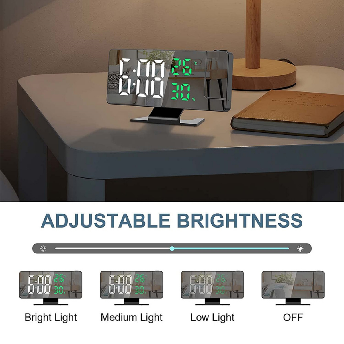 Digitaluhr mit Zeitanzeige, einstellbarer Helligkeit, auf weißer Oberfläche.