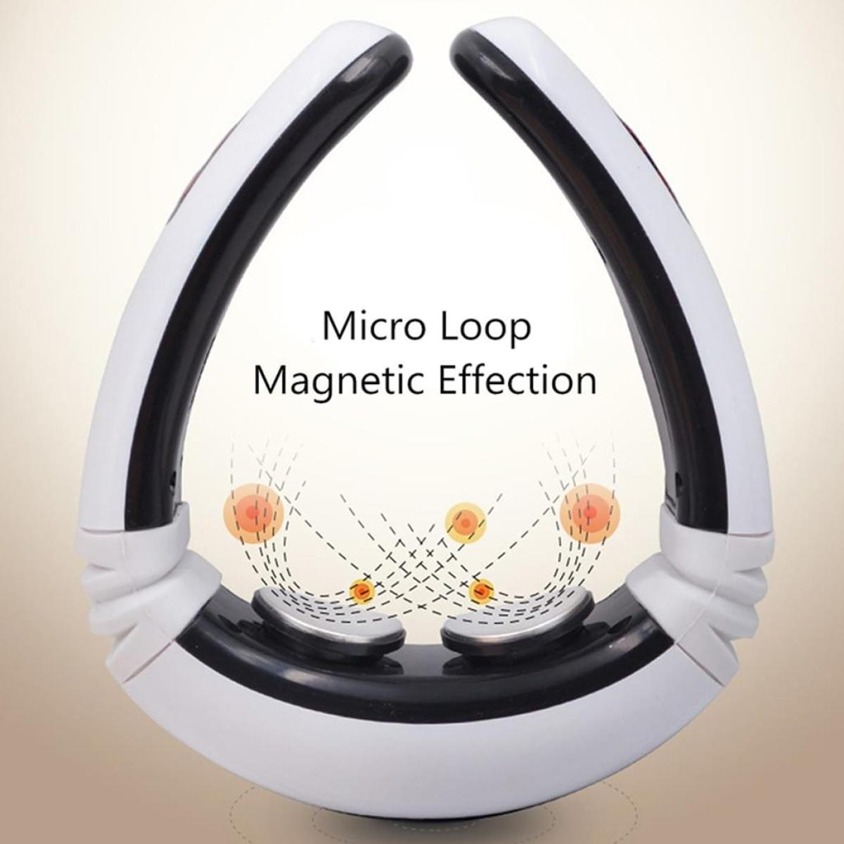 Gesichtsmassagegerät mit zwei weißen Armen und schwarzer Basis. Magnetischer Effekt mit orangefarbenen Kreisen gezeigt.