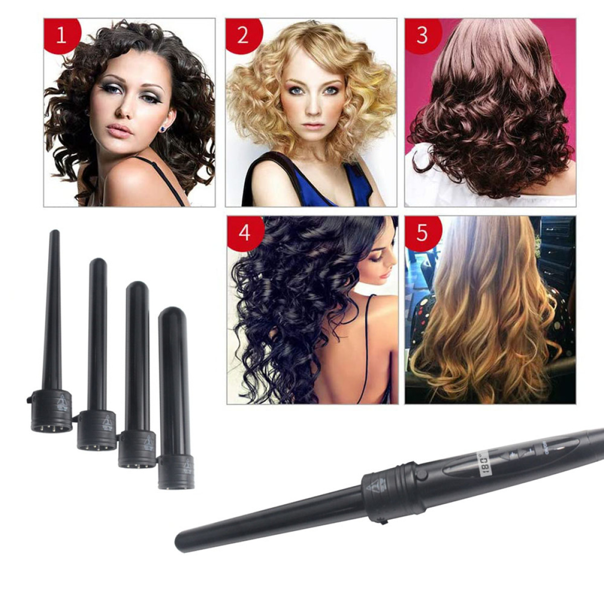 Haarstyling-Werkzeuge und Beispiele für verschiedene Lockenfrisuren.