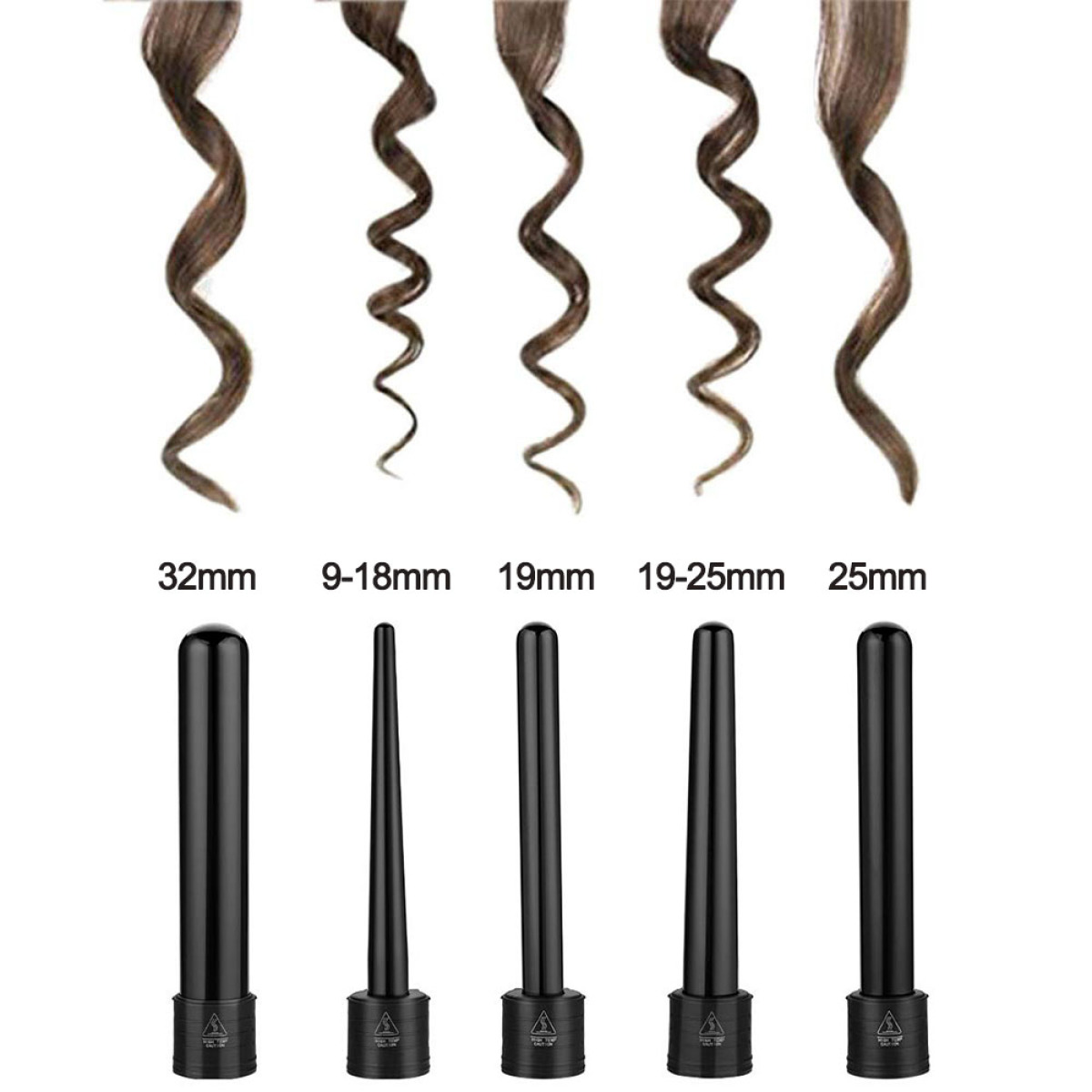 Eine Vielzahl von Lockenstäben und die Locken, die sie mit unterschiedlichen Durchmessern erzeugen.