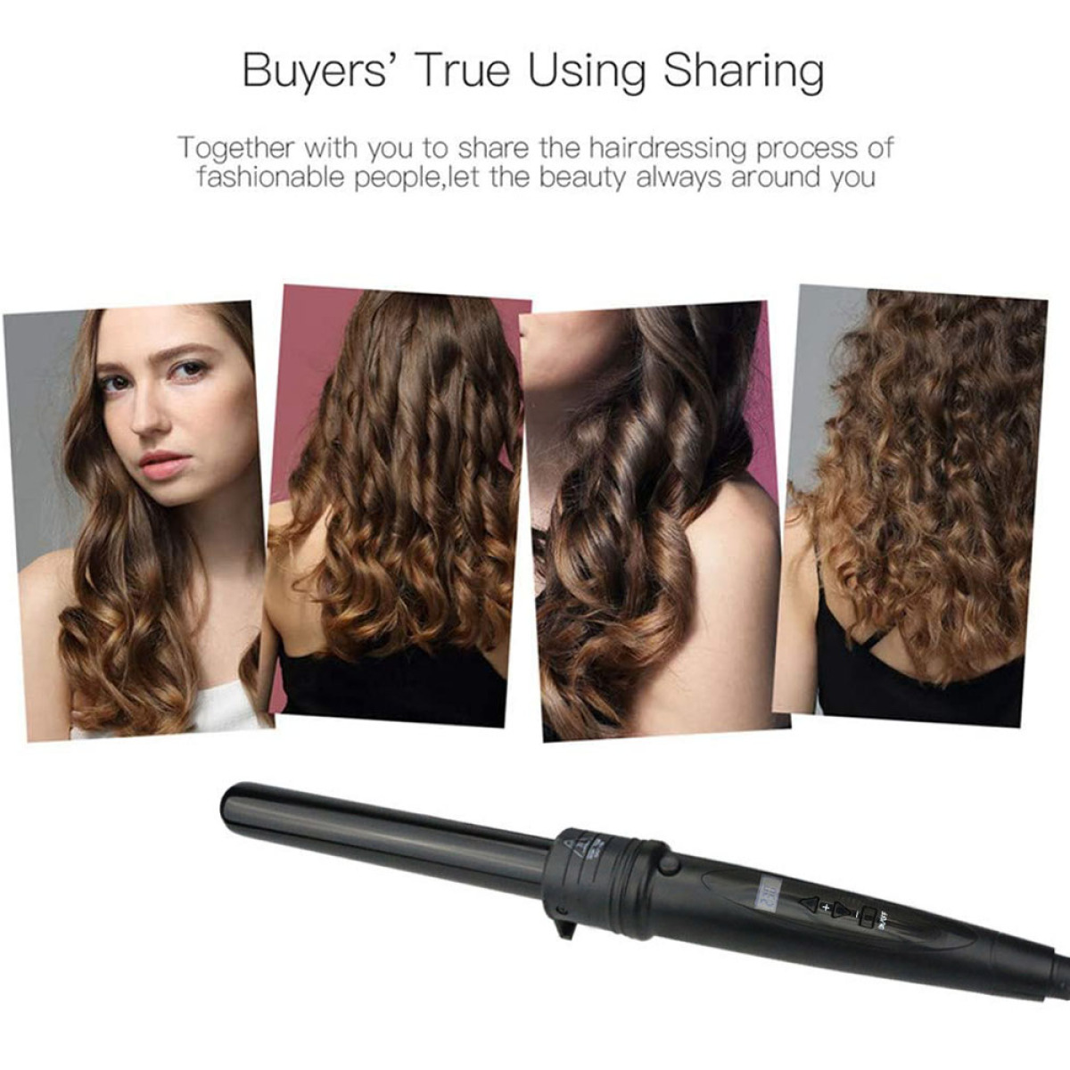 Ein Lockenstab mit vier Bildern von Frauen mit gelocktem Haar. Text oben: 'Buyers' True Using Sharing'.