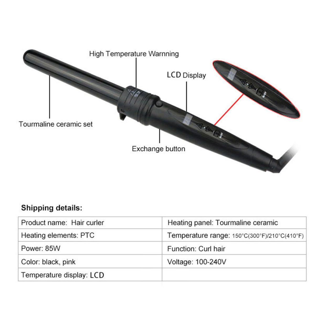 Haarstyler mit Turmalin-Keramik-Set, LCD-Anzeige, Wechseltaste und Temperaturinformationen.