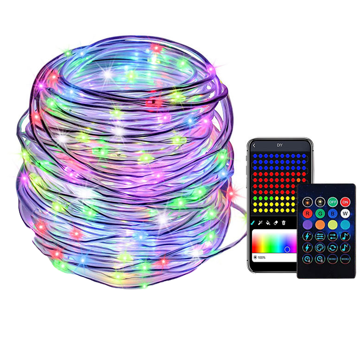 Eine aufgerollte Schnur aus mehrfarbigen LED-Lichtern, ein Telefon und eine Fernbedienung auf weißem Hintergrund.