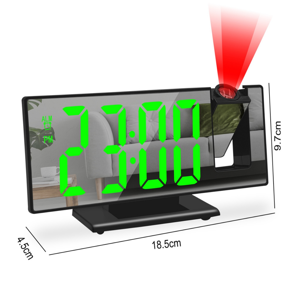 Digitaluhr mit großen grünen Ziffern. Roter Laserstrahl wird von oben projiziert. Schwarzer Hintergrund.