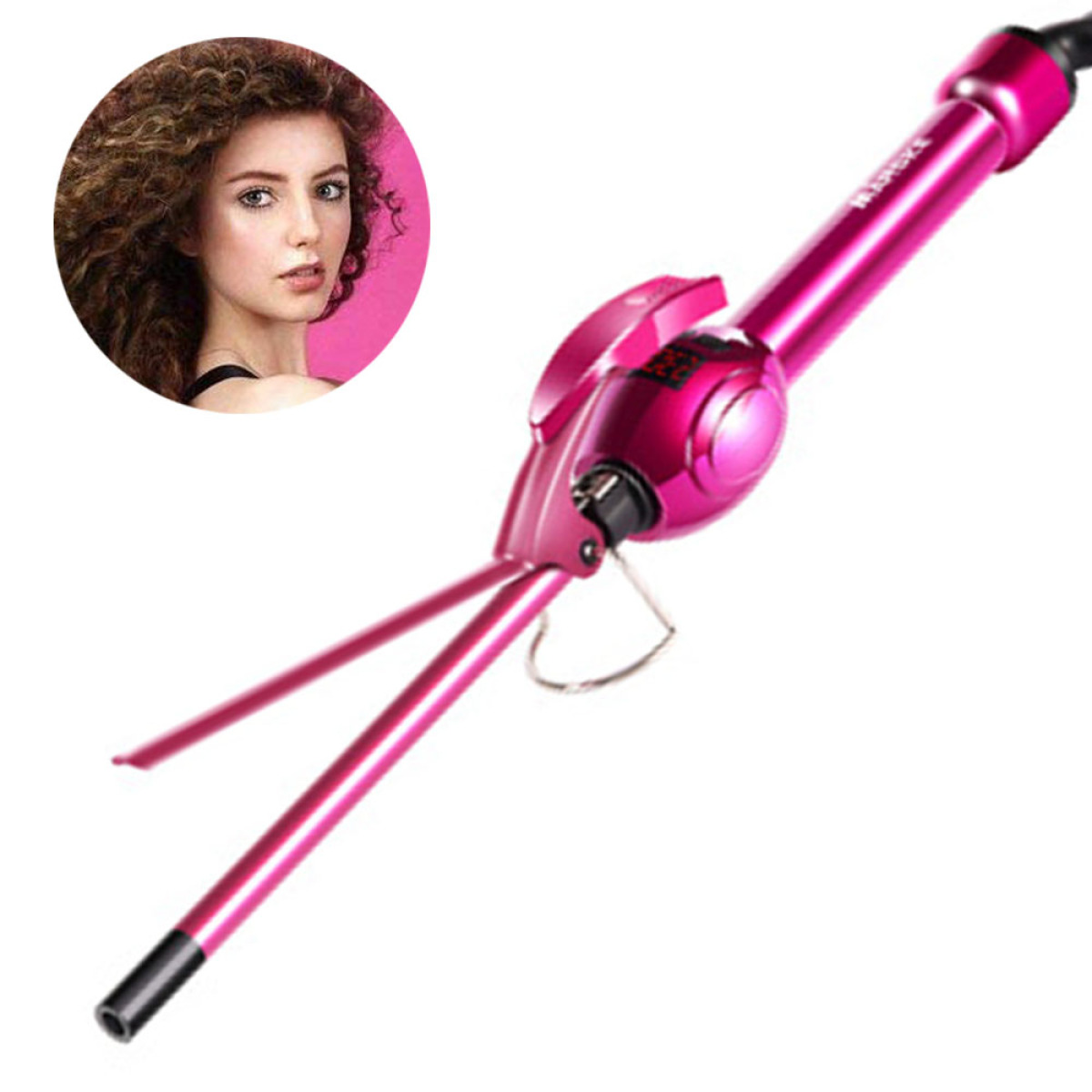 Rosa Lockenstab mit einer Frau mit lockigem Haar in einem Kreis.