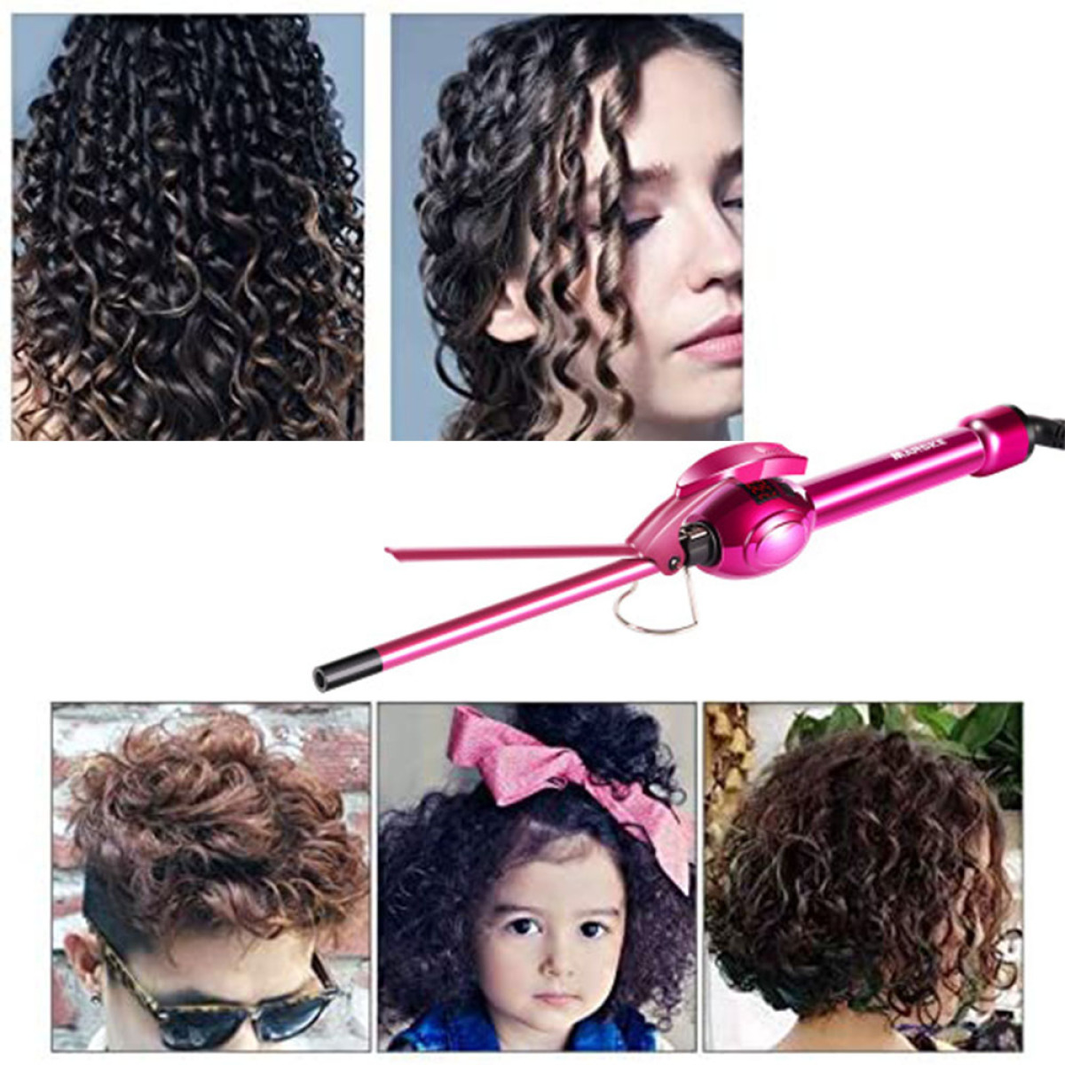 Haar-Lockenstab mit Beispielen für Lockenfrisuren. Pinkfarbener Lockenstab, verschiedene Haartypen.